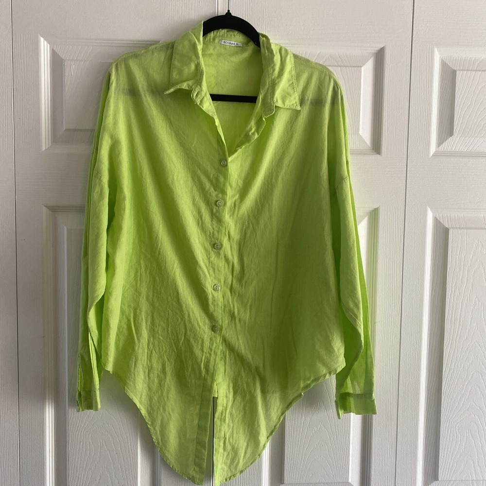 Bognar Blu Tie Front Button Down Womens Size L Lime Green Cotton Made in Italy